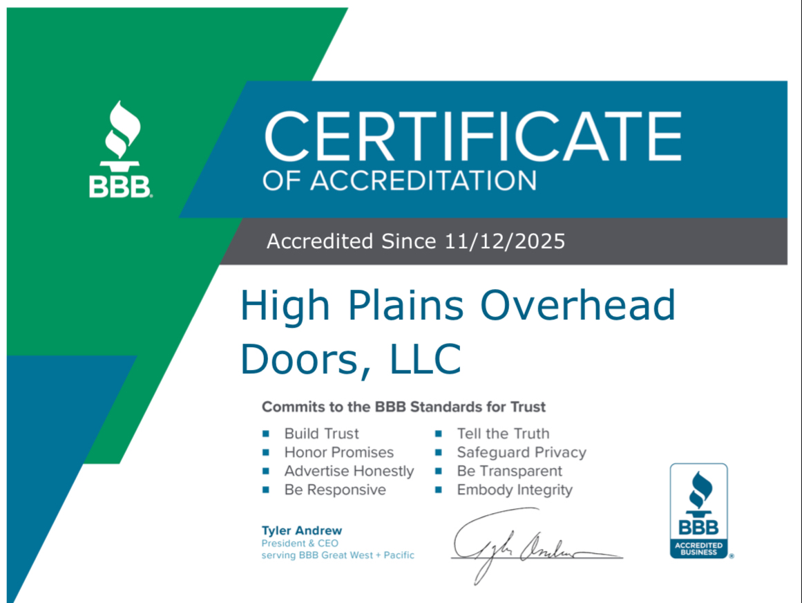 BBB Accredited Business Certificate - High Plains Overhead Doors